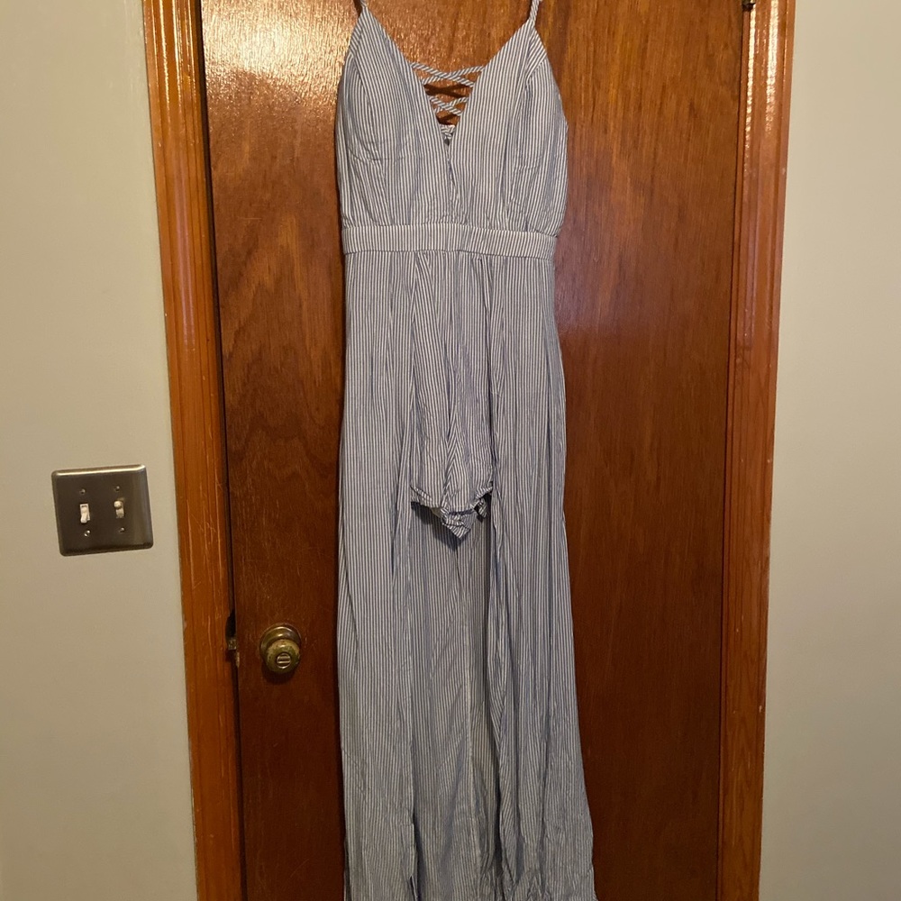 Blue and white striped high low romper